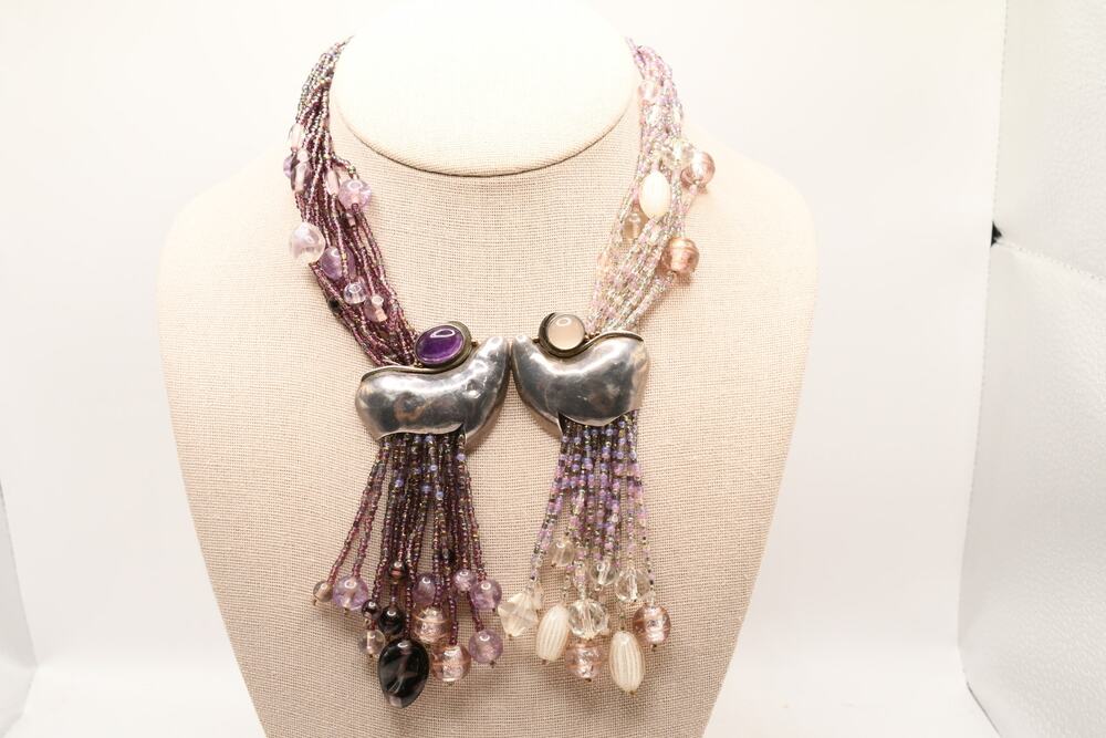 Signed Artisan Purple Art Glass Multi Strand Beaded Fringe Statement Necklace